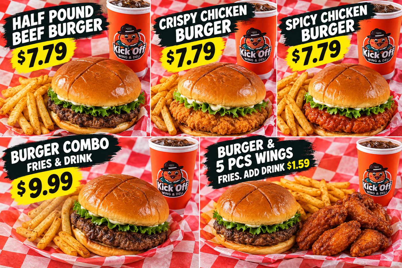 Half pound beef burger, crispy chicken burger and spicy chicken burger with fries