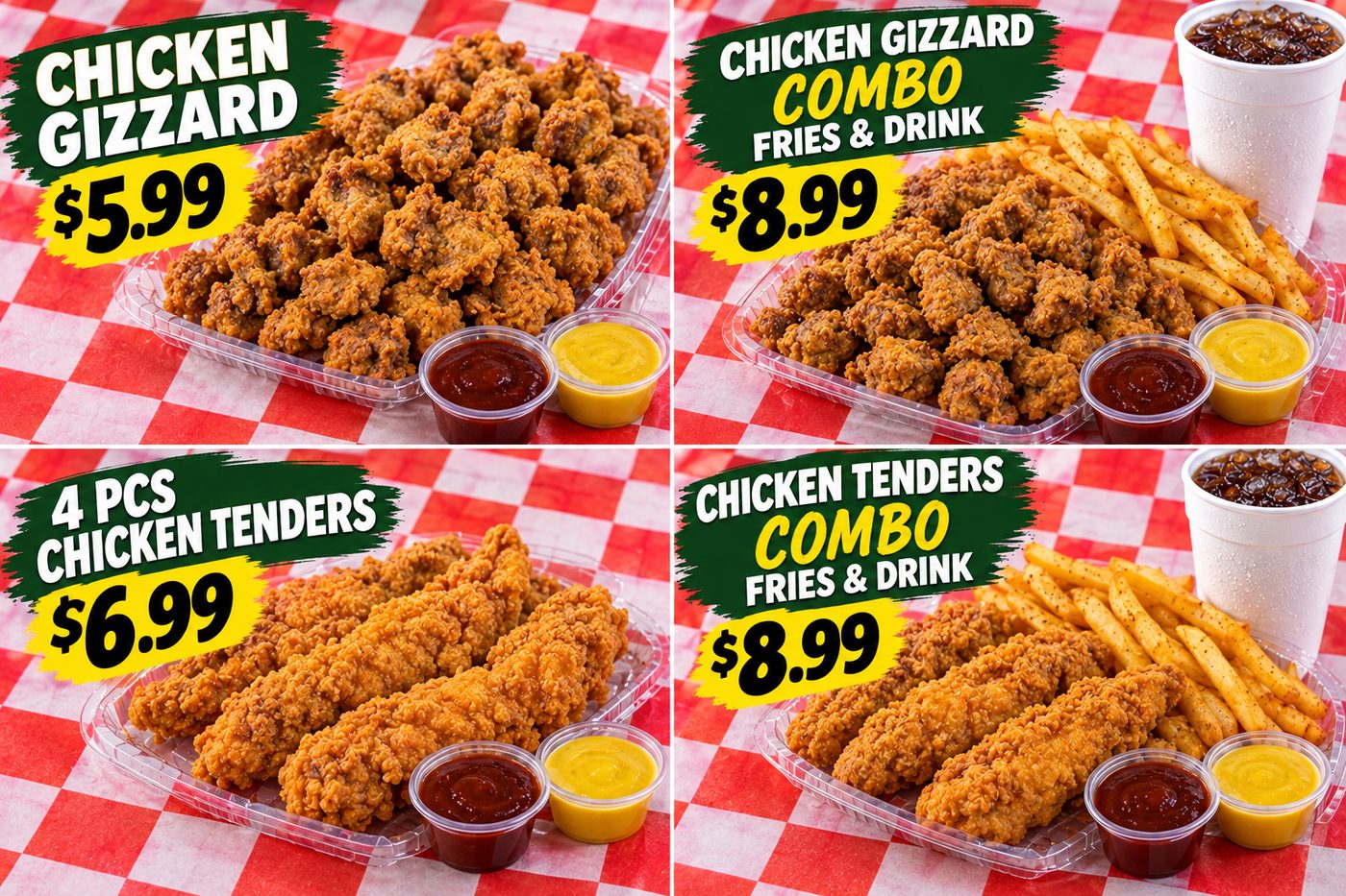 Chicken gizzard and chicken tenders with fries