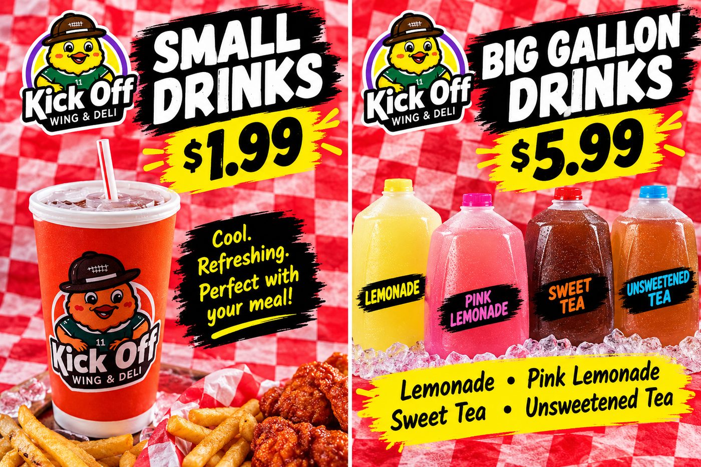 Small fountain drinks and big gallon jugs of lemonade, pink lemonade, sweet tea and unsweetened tea