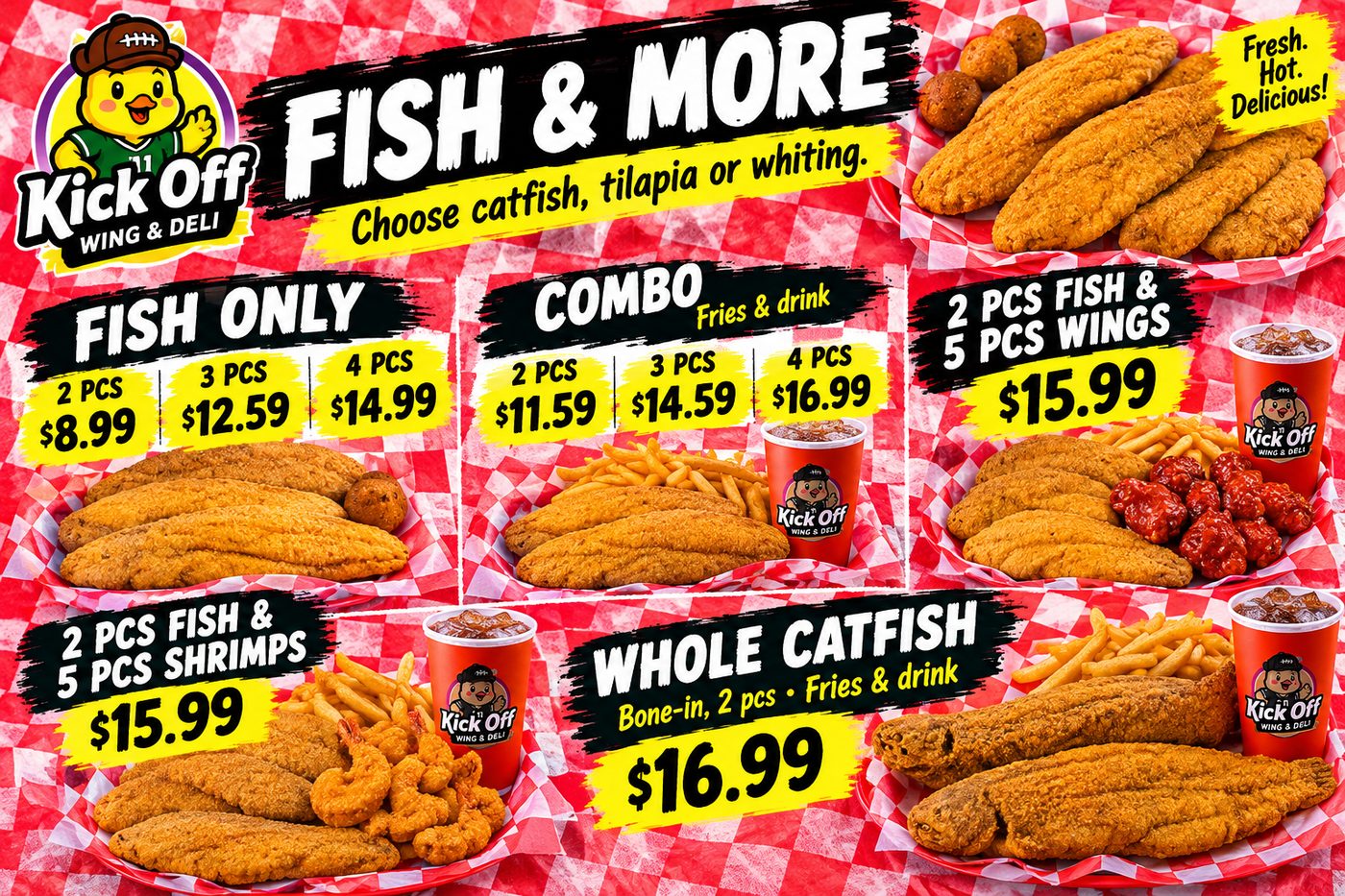 Fried catfish, tilapia or whiting with fries and a drink