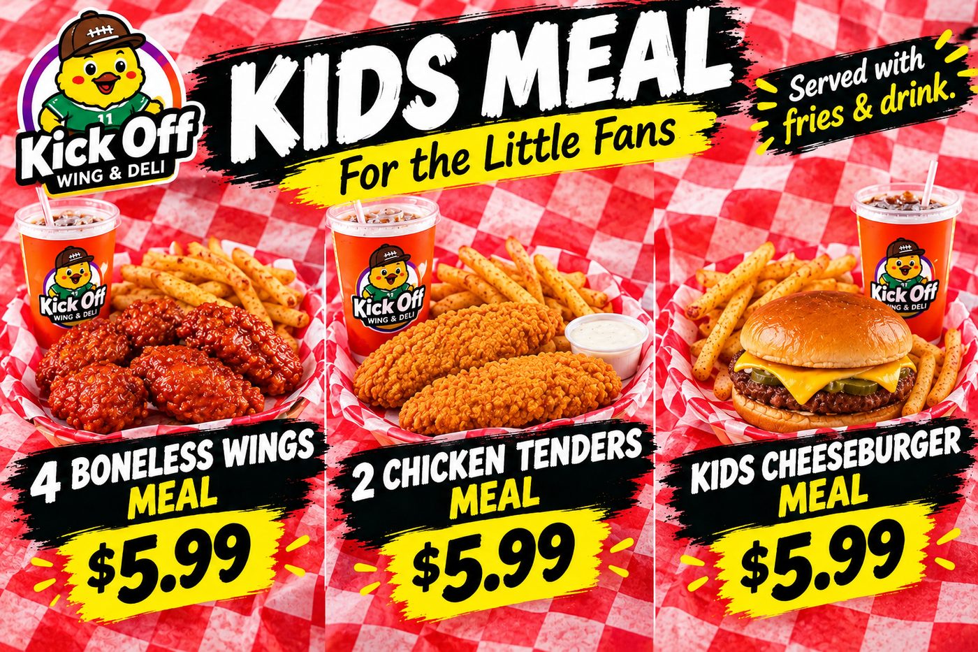 Kids boneless wings, chicken tenders and cheeseburger meals