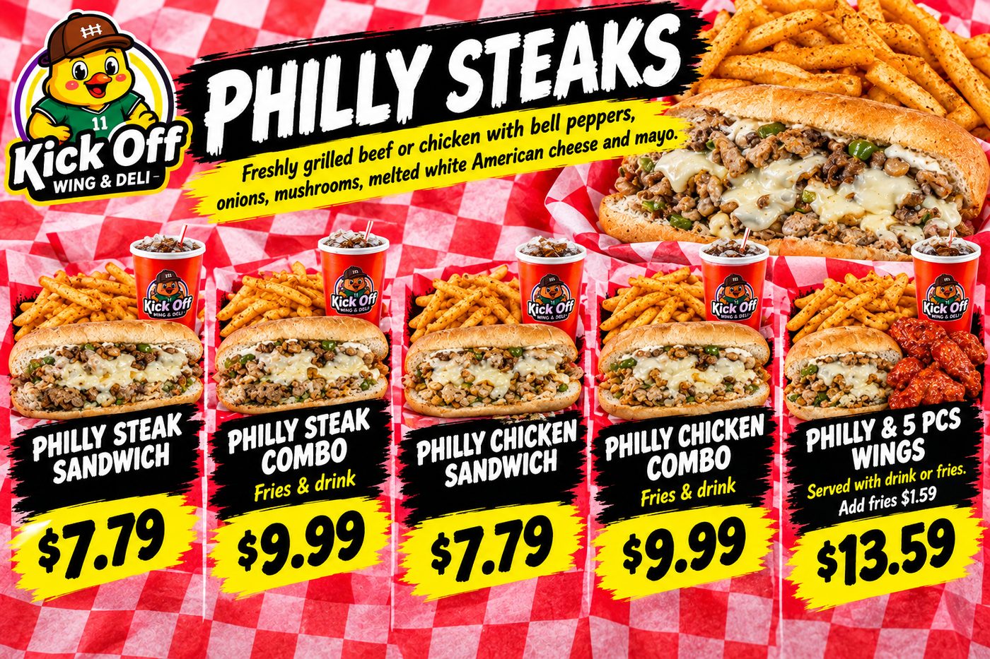 Philly steak sandwich with fries