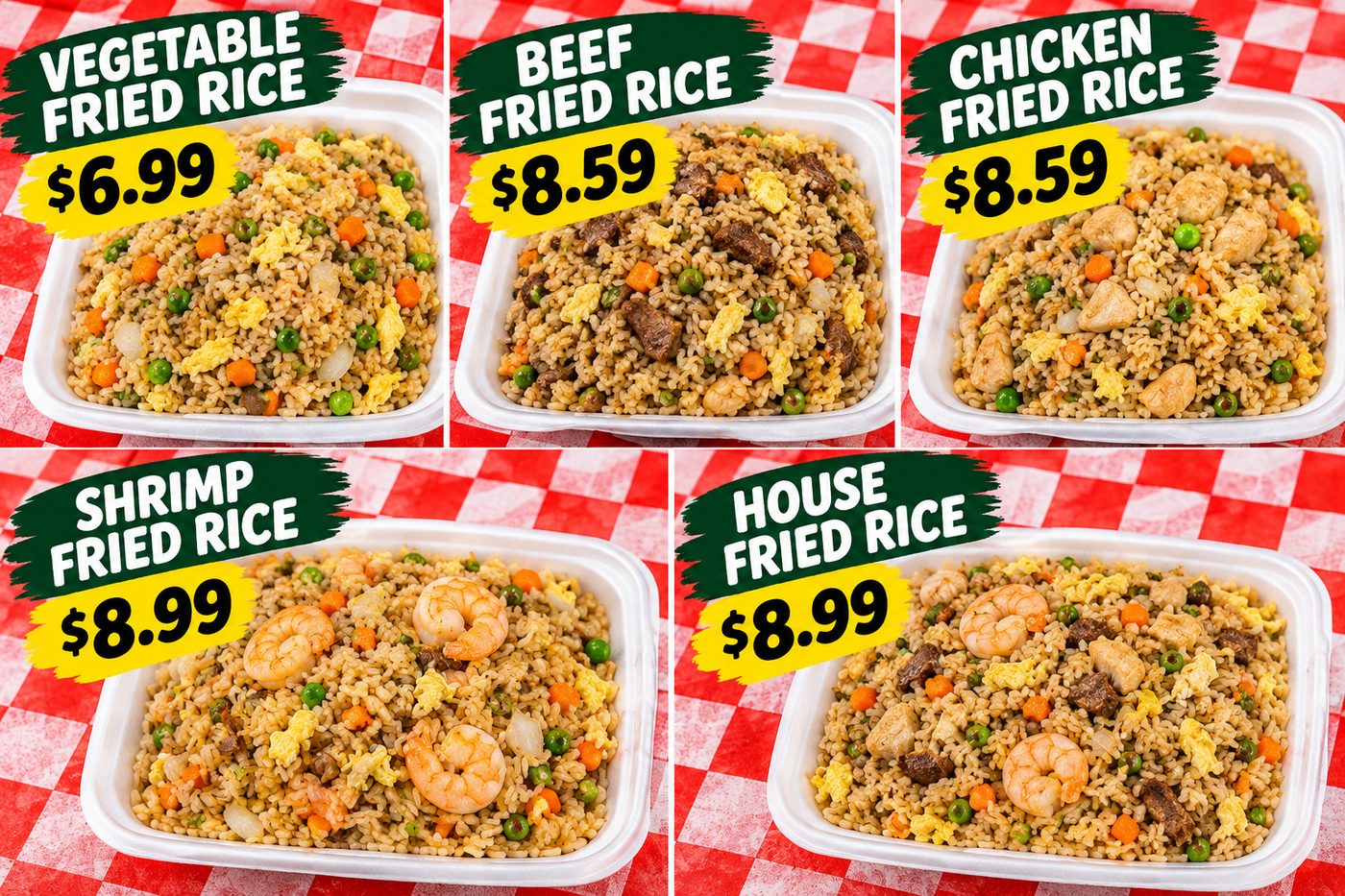 Vegetable, beef, chicken, shrimp and house fried rice