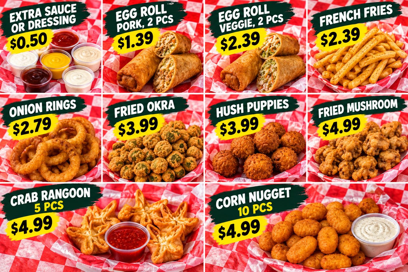 Egg rolls, fries, onion rings, fried okra, hush puppies, fried mushroom, crab rangoon and corn nuggets