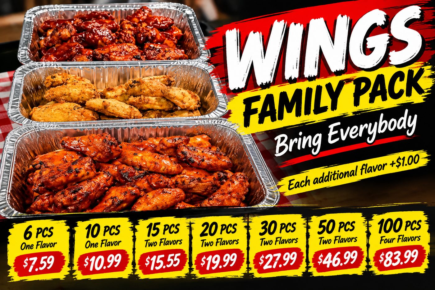 Family pack trays of wings in three flavors