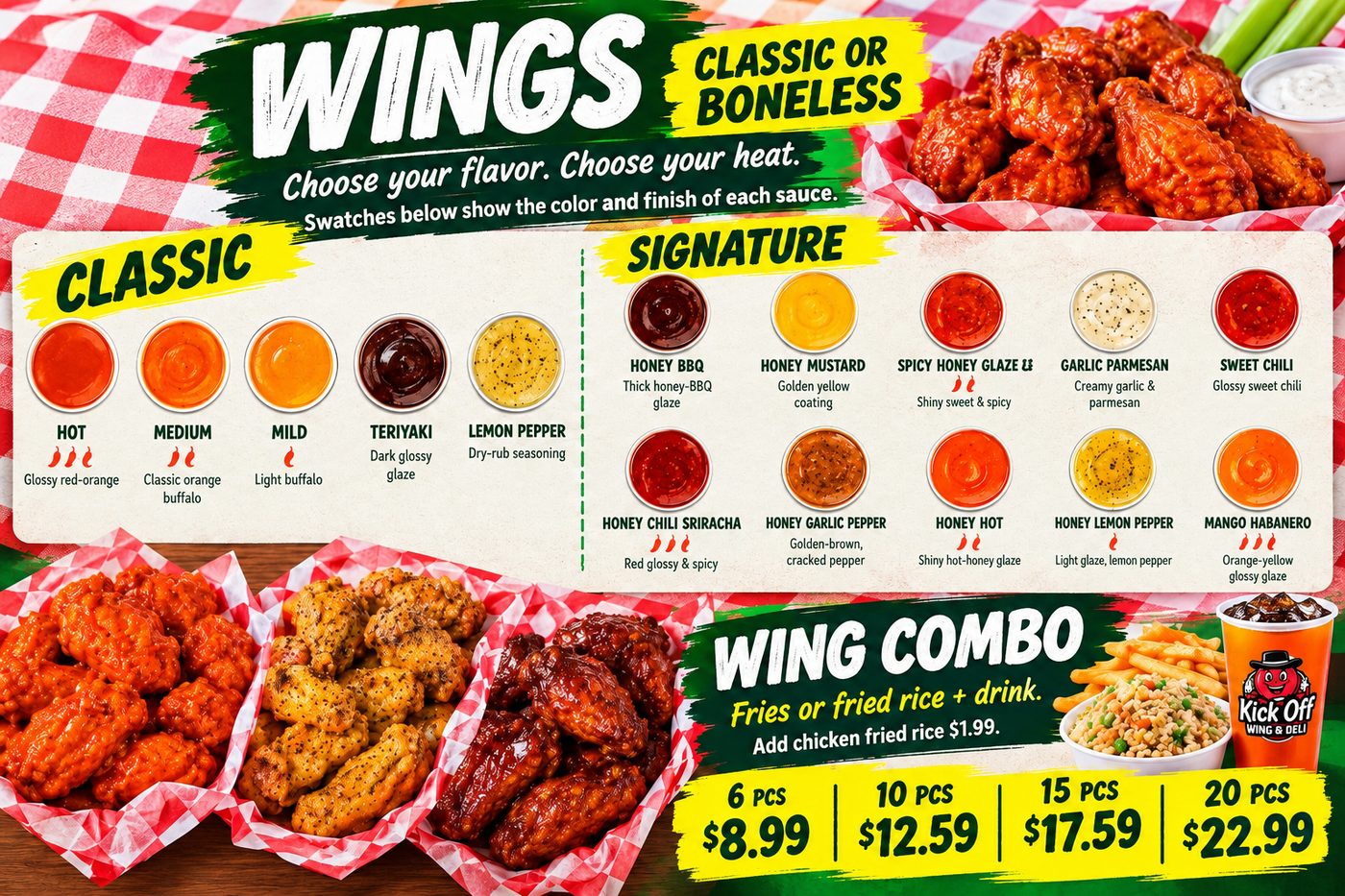 Kick-Off wings, classic or boneless, choose your flavor